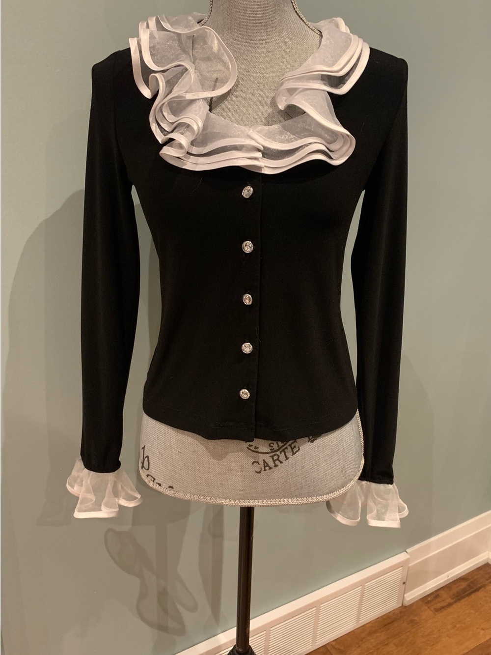 Joseph Ribkoff Black Button-Front Top with White Ruffle Trim - Picture 2 of 16